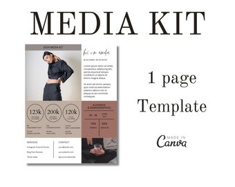 1 Seite Media Kit Canva Template | Über mich | Social Media Folgen | Zielgruppen-Interessen und Demografie | Kontakt | Dienstleistungen