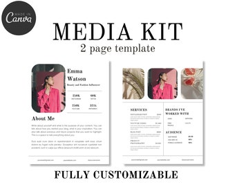 2 Seite Media Kit Canva Vorlage | Über mich | Instagram Facebook TikTok Youtube | Zielgruppen-Interessen und Demografie | Kontakt | Collabs