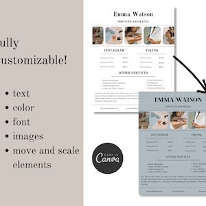 K&ouml;nnte beinhalten: Ein blaues und wei&szlig;es druckbares Service- und Preistabelle f&uuml;r eine Social-Media-Managerin namens Emma Watson. Die Tabelle listet Preise f&uuml;r Instagram- und TikTok-Dienste sowie andere Dienste wie Markenbotschafter, Design und Blog-Posting sowie Video- und Fotoerstellung auf.