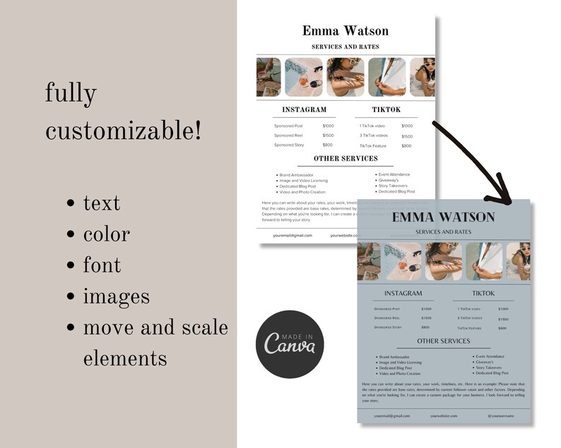 Editable Media Rate Card | Made in Canva | Instagram, Tiktok | Other