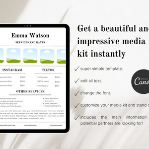 K&ouml;nnte beinhalten: Eine digitale Medienkit-Vorlage mit einem gr&uuml;n-wei&szlig;en Farbschema. Die Vorlage enth&auml;lt eine Liste von Dienstleistungen und Preisen f&uuml;r Instagram und TikTok sowie weitere Dienstleistungen. Der Text "Holen Sie sich ein wundersch&ouml;nes und beeindruckendes Medienkit sofort" befindet sich oben auf der Vorlage. Der Text "Super einfaches Template. Bearbeiten Sie den gesamten Text. &Auml;ndern Sie die Schriftart. Passen Sie Ihr Medienkit an und heben Sie sich ab. Enth&auml;lt die wichtigsten Informationen, nach denen potenzielle Partner suchen!" ist unterhalb der Vorlage aufgef&uuml;hrt.