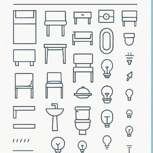 May include: A collection of line art icons depicting various furniture and household items. The illustrations include a bed, chairs, tables, a sink, a toilet, and light bulbs. The icons are in a minimalist style, with a focus on simple shapes and outlines.
