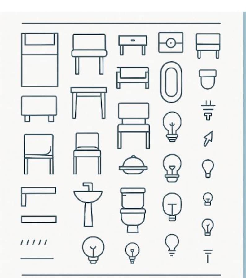 May include: A collection of line art icons depicting various furniture and household items. The illustrations include a bed, chairs, tables, a sink, a toilet, and light bulbs. The icons are in a minimalist style, with a focus on simple shapes and outlines.