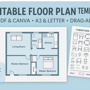 May include: A light blue graphic with the text "EDITABLE FLOOR PLAN TEMPLATE". The image includes a floor plan layout, a furniture and symbols guide, and the words "Start Here". The floor plan shows a living room, kitchen, bath, and master bedroom.