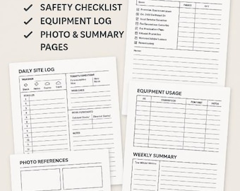 Contractor template for site report, remarkable planner, construction log, daily log, safety checklist, equipment log, and digital planner.