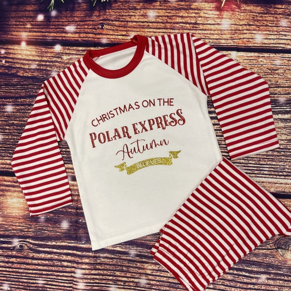 Personalised matching family Christmas pyjamas. Girls, boys, mum, dad and baby, believe, pola express