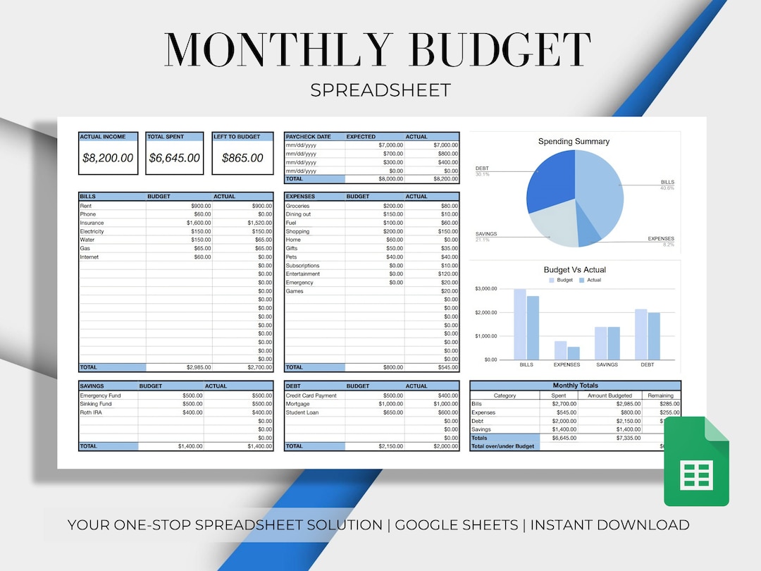 Monthly Budget Spreadsheet Template for Google Sheets Budget Etsy Monthly Budget Spreadsheet Template for Google Sheets Budget Etsy