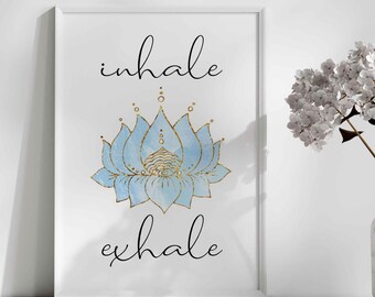 Andas in, andas ut, meditation, väggkonst utskrivbar, yoga, blå guld lotus, direkt nedladdning