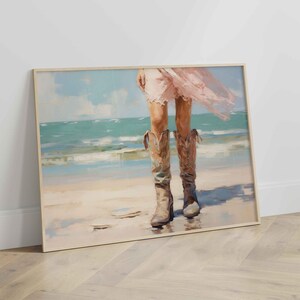 Coastal Cowgirl Printable Poster Print, Boots Trendy, Cowgirl Dorm Room Wall Art Decor, Girly Digital Download Aesthetic Blue Pink