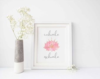 Andas in, andas ut, meditation, väggkonst utskrivbar, yoga, rosa guld lotus, direkt nedladdning