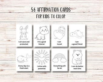 56 Kids Affirmation Cards, Printable cards for Kids to color on, Teacher Cards, Instant download