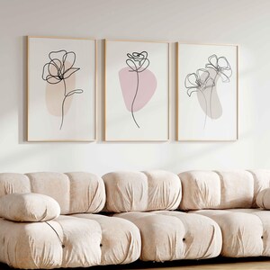 Boho Flower Line Art Prints, Floral Line Drawing, Blush Beige Neutral PRINTABLE Wall Art, Botanical Poster, Digital Download