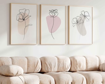 Boho Flower Line Art Prints, Floral Line Drawing, Blush Beige Neutral PRINTABLE Wall Art, Botanical Poster, Digital Download