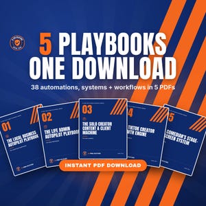 May include: A digital product bundle featuring 5 playbooks in one download, including 38 automations, systems, and workflows. The graphic displays five blue PDF covers with orange accents, labeled 01 through 05, with the text Instant PDF Download.