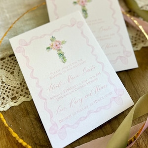 May include: Pink and green floral baptism invitation with a cross and the text "Please join us for the baptism of our daughter Heidi Marie Carter Sunday, February 11, 2024, 10:30 AM Downtown Church Memphis Love Karey and Thomas Brunch to follow at Heidi's house"