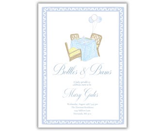 May include: A blue and white baby shower invitation with a whimsical illustration of a table with two chairs and balloons. The text reads "Bottles & Bams", "A baby sprinkle to celebrate mom to be Mary Gates", "Wednesday, August [date] at [time] pm", "The Hartman Residence", "[address] Lane", "Hernando, MS [zip code]".