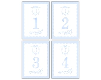 Tarjetas de hitos mensuales de acuarela para bebé niño en color azul