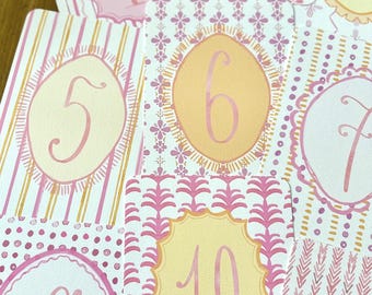 Pink Everywhere Milestone Cards, biglietti per le tappe delle bambine, biglietti per le tappe del bambino, cameretta rosa e arancione, tappe dell'acquerello