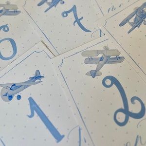 Cartes jalon gros avion, cartes jalon bébé garçon, cartes jalon avion, baby shower sur le thème de l'avion, avions aquarelles, bébé