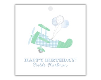 Personalized Watercolor Airplane Birthday Gift Tags, Set of 24