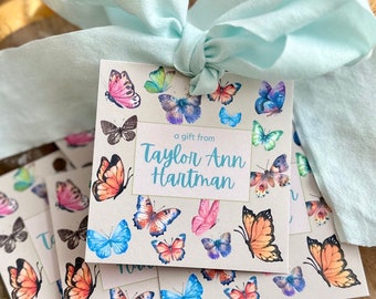 Etiquetas de presente personalizadas com borboletas em aquarela, cartões inclusos.