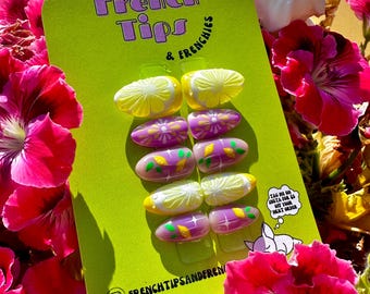 3D Lemon Fruit Press On Nails | Aura Floral Nail Art | (Free Sizing Kit Included)