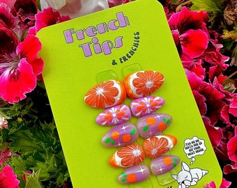 3D Orange Fruit Press On Nails | Aura Floral Nail Art | (Free Sizing Kit Included)