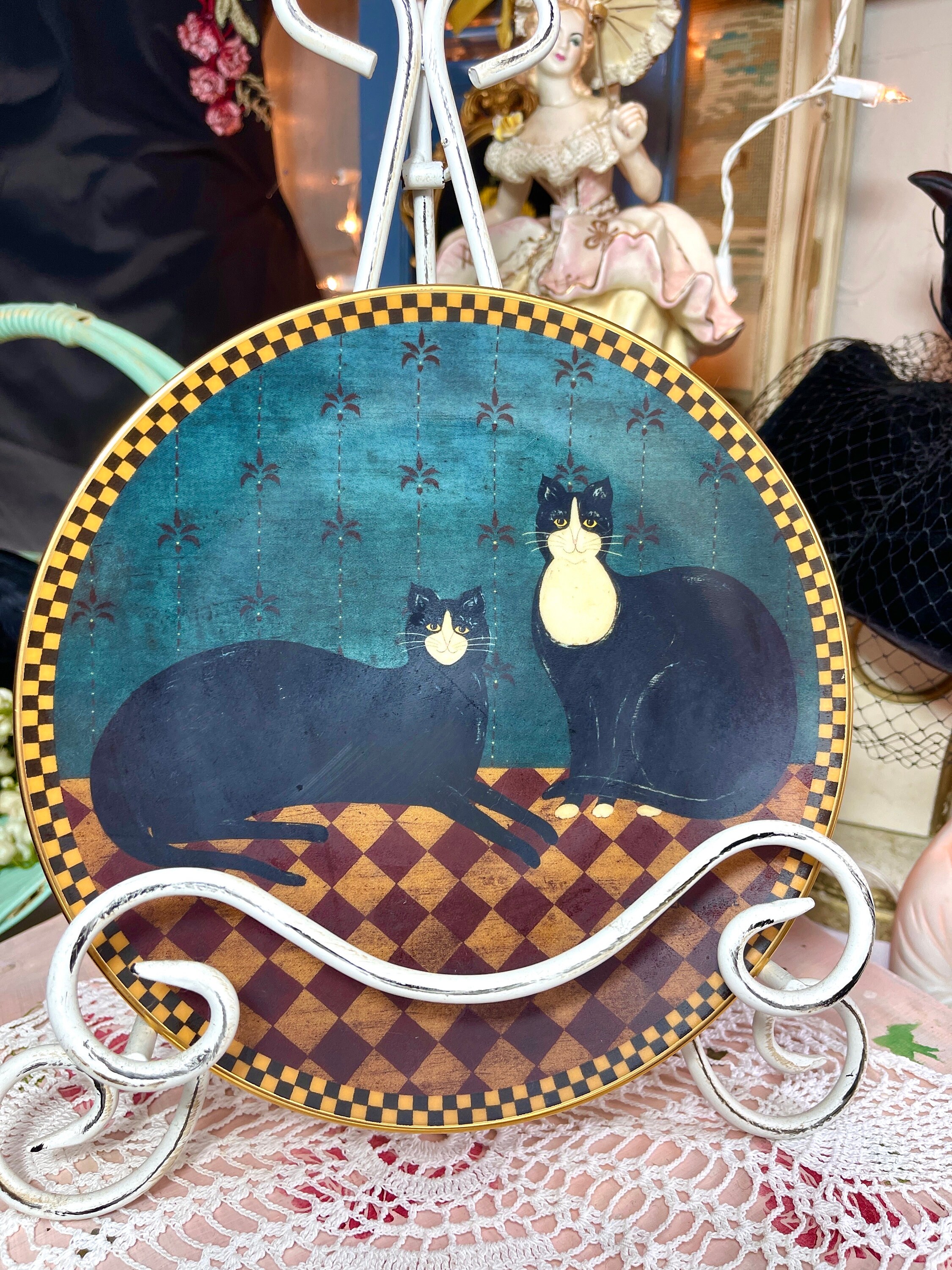Vintage Warren Kimble Cat Collection Style Hair Clip Vintage Framed Warren Kimble Two Black Cats Tuxedo Cat  main image 2