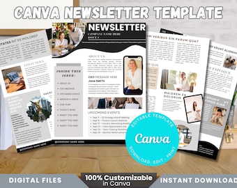 May include: A digital Canva newsletter template with a modern design. The template features multiple pages with sections for news, upcoming events, and company information. The design includes images, text, and a customizable Canva logo. The words "DIGITAL FILES" and "INSTANT DOWNLOAD" are also visible.
