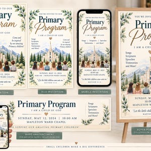 May include: A collection of Primary Program invitation templates featuring a watercolor illustration of a temple, mountains, pine trees, and children. The text includes You're Invited to Our Primary Program, I Am a Child of God, and Sunday, May 12, 2024.