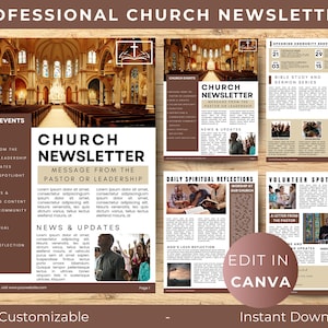 May include: A brown and tan church newsletter template with the text "Professional Church Newsletter" at the top. The template includes sections for church events, a message from the pastor, news and updates, daily spiritual reflections, volunteer spotlight, and upcoming community services. The template is customizable and can be edited in Canva. The text "100% Customizable" and "Instant Download" is at the bottom of the template.