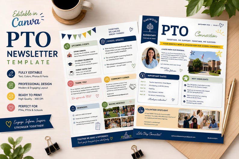 PTO Newsletter Template Canva, Editable School Newsletter, PTA ...