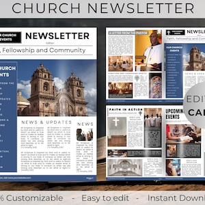 May include: A printable church newsletter template with a blue and white color scheme. The template features a church building, a cross, and the text "Faith, Fellowship and Community". The template is customizable and can be edited in Canva.