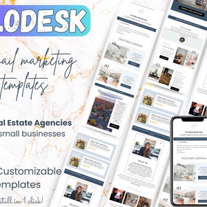 May include: An image showcasing email marketing templates for real estate agencies and small businesses. The templates are displayed on various devices, including a smartphone. Text includes "FLODESK," "Email marketing templates," and "100% Customizable templates."