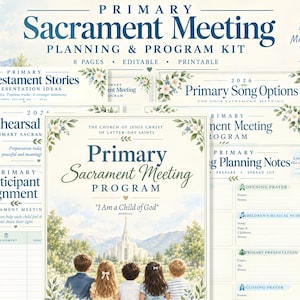 May include: A Primary Sacrament Meeting planning and program kit featuring multiple printable pages with floral accents. The documents include titles like Primary Sacrament Meeting, Old Testament Stories, and Primary Song Options, with a central illustration of children facing a temple.