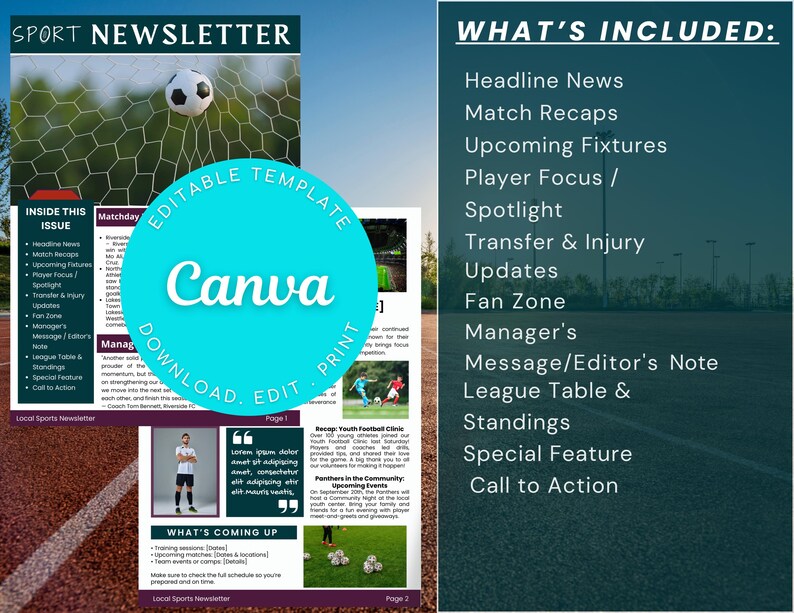Soccer Newsletter Example Editable Sports Newsletter Canva Template Football Soccer Team ...