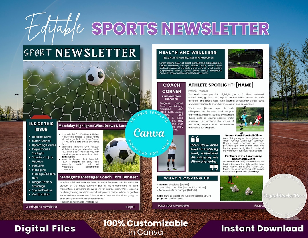 Soccer Newsletter Example Editable Sports Newsletter Canva Template Football Soccer Team ...