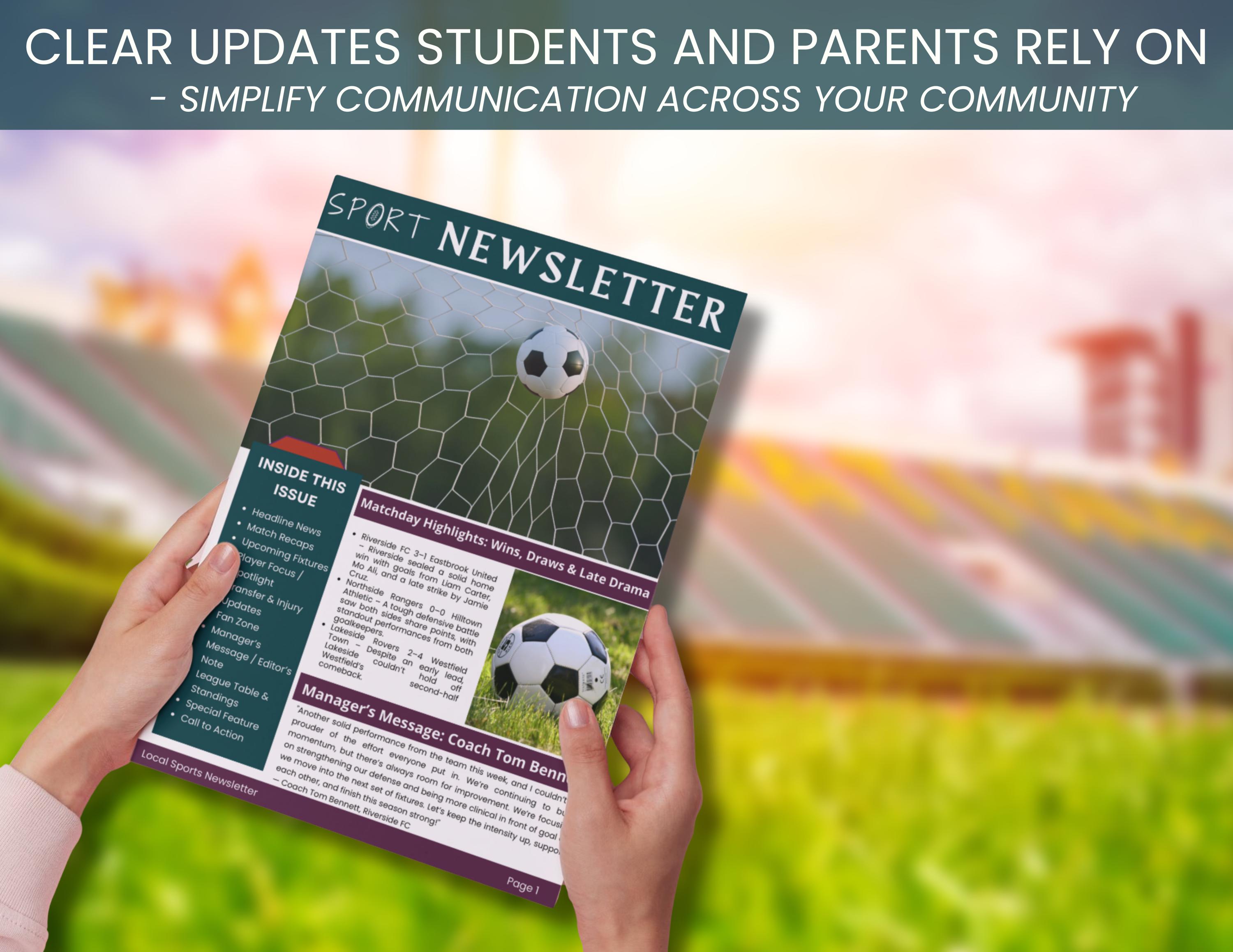 Soccer Newsletter Example Editable Sports Newsletter Canva Template Football Soccer Team ...