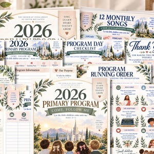May include: A collection of printed 2026 Primary Program planning materials featuring illustrations of a temple, mountains, and children. The documents include checklists, song guides, and programme outlines with text such as Come, Follow Me and 12 Monthly Songs.