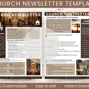 May include: A church newsletter template with a brown and white design. The template includes sections for scripture, announcements, upcoming events, a featured testimony, and church partnerships. Text includes "CHURCH NEWSLETTER" and "100% Customizable".