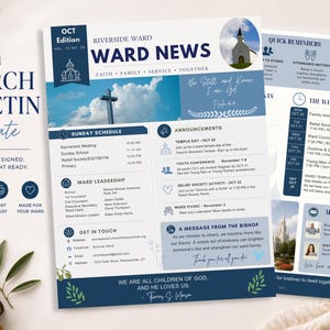 Pode incluir: Um modelo de boletim de igreja em azul e branco com o texto Riverside Ward News, um horário de domingo, anúncios e uma mensagem do bispo. O layout inclui ícones, uma cruz contra um céu nublado e uma foto de um edifício da igreja.