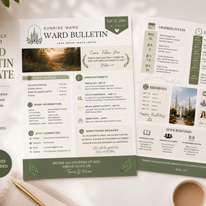 Pode incluir: Um modelo de boletim de ala de duas páginas com um esquema de cores verde sálvia e creme. O layout inclui seções para horários de domingo, próximos eventos, aniversários, informações missionárias e mensagens pastorais com imagens.