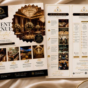 Puede incluir: Un folleto de alquiler de espacios para eventos de dos páginas con texto en dorado y negro sobre fondo crema. El diseño incluye fotografías de un salón de baile, mesas decoradas y servicios, con secciones de precios y contacto.