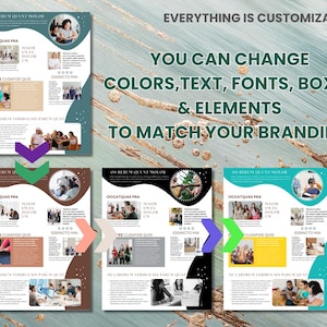 Puede incluir: Tres variaciones de color diferentes de una plantilla de folleto personalizable. El folleto presenta un fondo turquesa, marr&oacute;n y amarillo con una superposici&oacute;n de texto blanco, negro y amarillo. El texto en el folleto dice "Todo es personalizable. Puedes cambiar los colores, el texto, las fuentes, los cuadros y los elementos para que coincidan con tu marca."