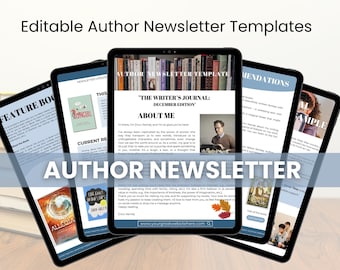 May include: A digital screen displaying a newsletter template for authors. The template features a blue background with white text and a photo of a book cover. The text on the screen reads "The Writer's Journal: December Edition" and "About Me".