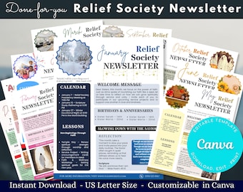 Relief Society Newsletter Template, 12 Monthly Church Newsletter Templates, Editable Canva Church Bulletin, LDS Relief Society Newsletter