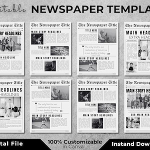 May include: Editable newspaper template with black and white images and text. The template has a vintage newspaper design with headlines, sub-headlines, and space for photos. The text includes "The Newspaper Title", "Main Story Headlines", "Extra Headlines", "Sub Main Headline", and "Title Here".