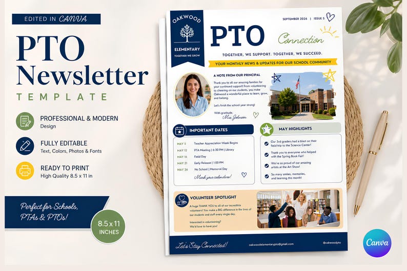 PTO Newsletter Template Canva, Editable School Newsletter, PTA ...