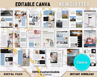 May include: A collection of editable Canva newsletter templates. The templates feature various layouts with images and text placeholders. The design includes blue accents and a marble background. Text includes "EDITABLE CANVA NEWSLETTER", "DIGITAL FILES", and "100% Customizable in Canva".
