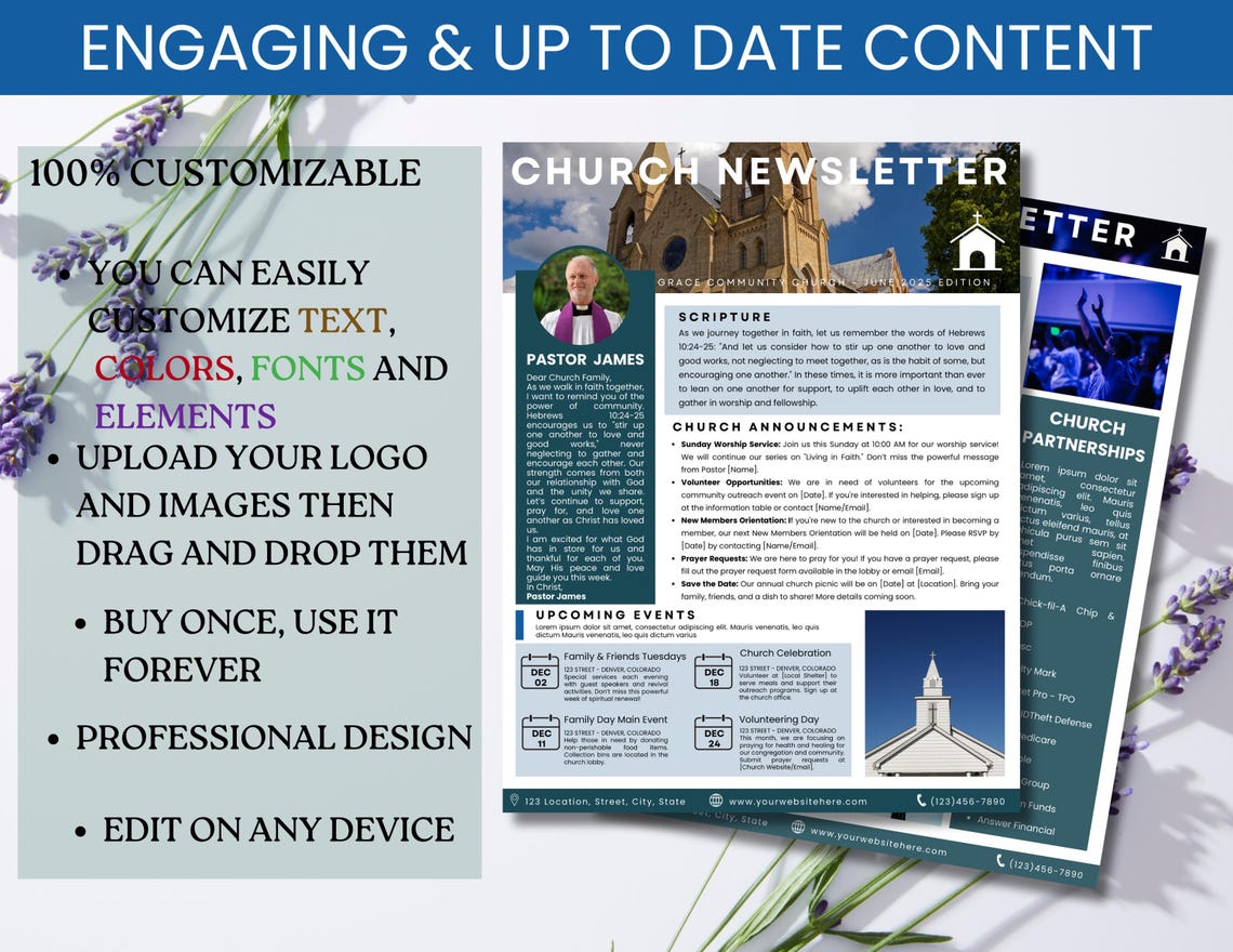 Bulletin Newsletter Examples Editable Church Bulletin Template, Church Newsletter Canva, Sunday ...